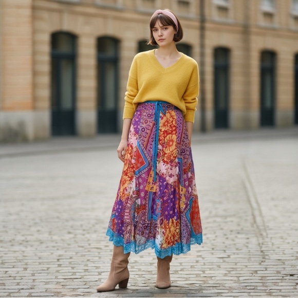 GEFF GALLANO SILK LACE FLORAL SPRING MAXI SKIRT - Picture 14 of 14